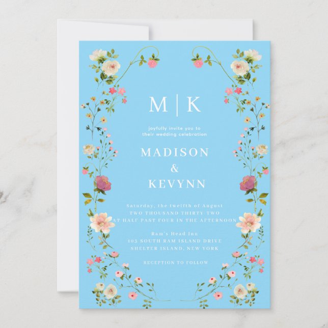  Minimal and Chic  Blue French Floral | Wedding Invitation (Front)