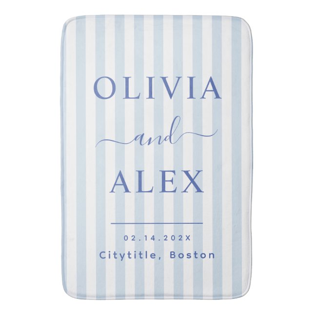 Minimal and Chic Blue French Personalised Wedding Bath Mat (Front Vertical)