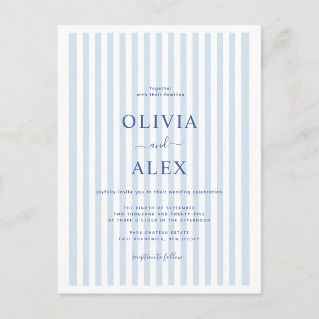 Minimal and Chic Blue French Personalised Wedding  Postcard (Front)