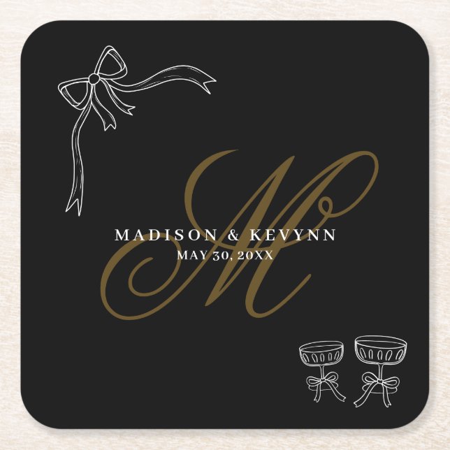 Minimal and Chic  | Bow Wedding  Square Paper Coaster (Front)