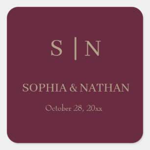 Minimal and Chic Burgundy and Gold Wedding Square Sticker