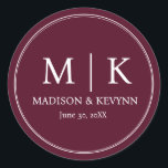Minimal and Chic | Burgundy Wedding Monogram Classic Round Sticker<br><div class="desc">Click EDIT to change the background colour or text colour. You can TRANSFER this DESIGN on other Zazzle products and adjust it to fit most of the Zazzle items. Standard Studio designs are made in high-resolution graphics for professional print. Thank you for choosing our designs and stopping by the Standard...</div>
