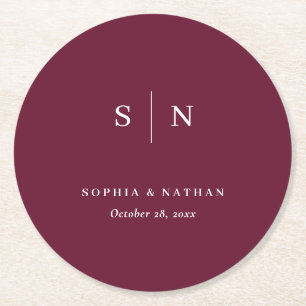 Minimal and Chic Burgundy Wedding Round Paper Coaster