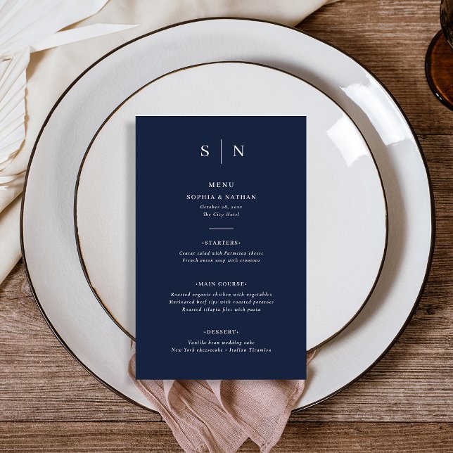 Minimal and Chic | Dark Navy Blue Wedding Menu (An elegant wedding menu in dark navy blue with white text and your monogram)
