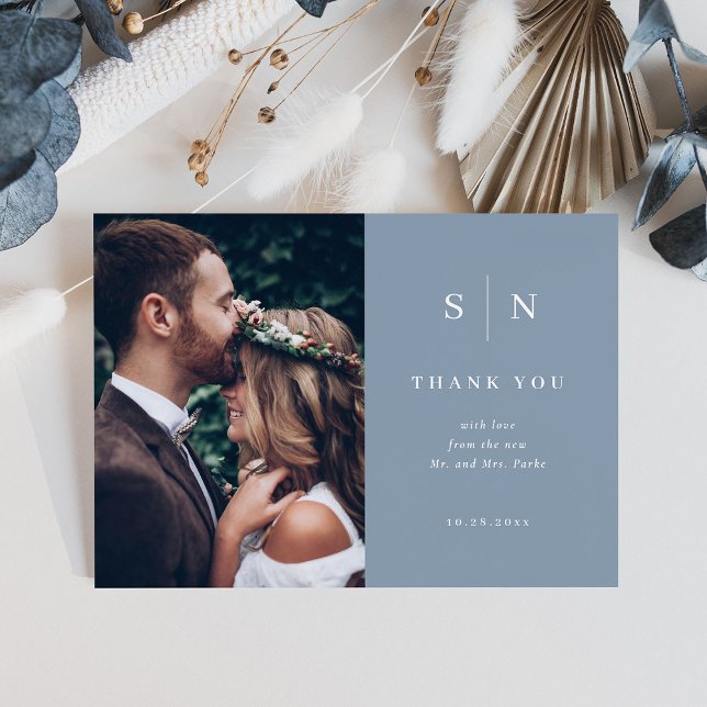 Minimal and Chic | Dusty Blue Two Photo Wedding Thank You Card (Creator Uploaded)