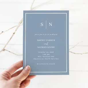 Minimal and Chic Dusty Blue with Border Wedding Invitation