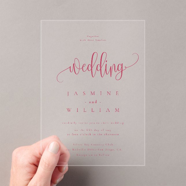 Minimal and Chic | Magenta Red Wedding  Acrylic Invitations (Insitu (Handheld))