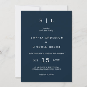 Minimal and Chic   Monogram Navy Blue and White Invitation