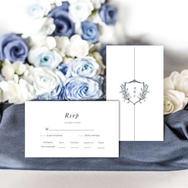 Minimal and Chic | Navy and White Wedding RSVP  Enclosure Card (modern elegant crest rsvo card )