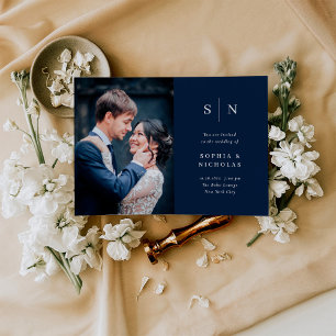 Minimal and Chic Navy Blue Photo Wedding Invitation
