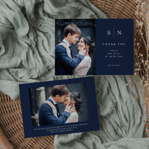 Minimal and Chic Navy Blue Two Photo Wedding Thank You Card