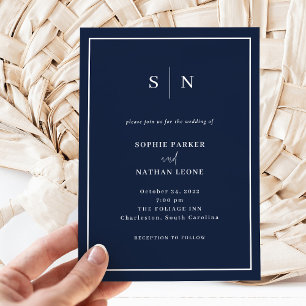 Minimal and Chic Navy Blue with Border Wedding Invitation