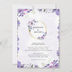 Minimal and Chic Purple Gold Floral Wedding Invitation