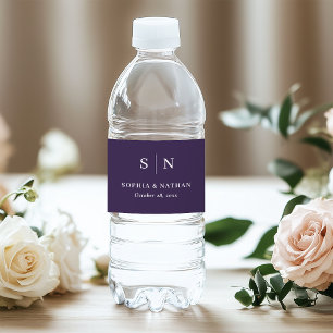 Minimal and Chic Purple   Monogram Wedding Water Bottle Label