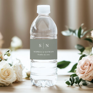 Minimal and Chic Sage Green Monogram Wedding Water Bottle Label