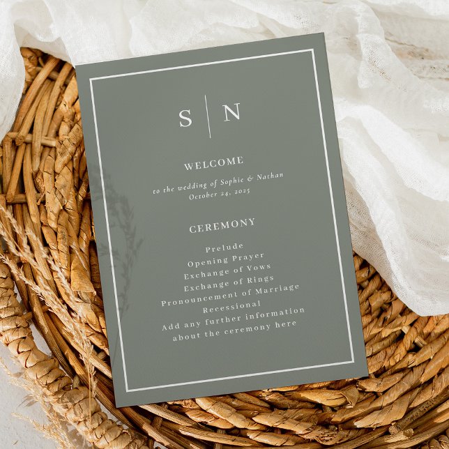 Minimal and Chic Sage Green with Border Wedding Programme (A simple and chic wedding program in sage green and white, with your monogram)