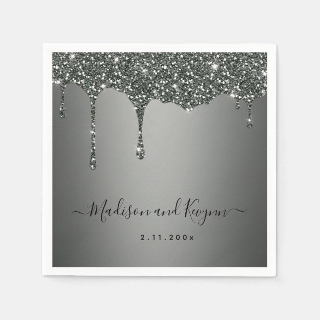 Minimal and Chic | Silver Grey  Glitter Wedding Napkin (Front)