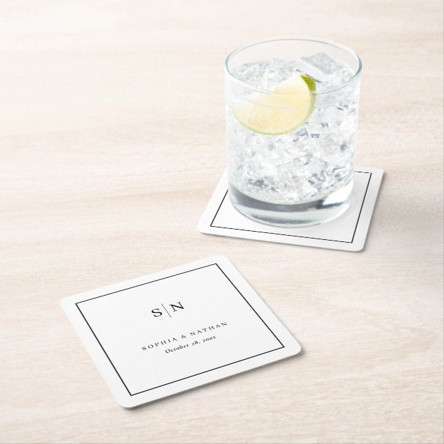 Minimal and Chic | White and Black Wedding Square Paper Coaster (Insitu)