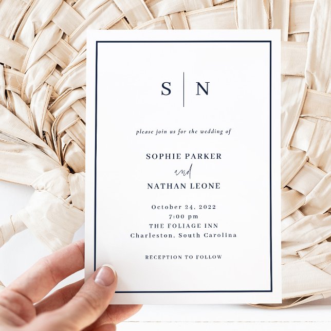 Minimal and Chic | White and Navy Border Wedding Invitation (Creator Uploaded)