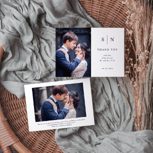 Minimal and Chic White and Navy Two Photo Wedding Thank You Card
