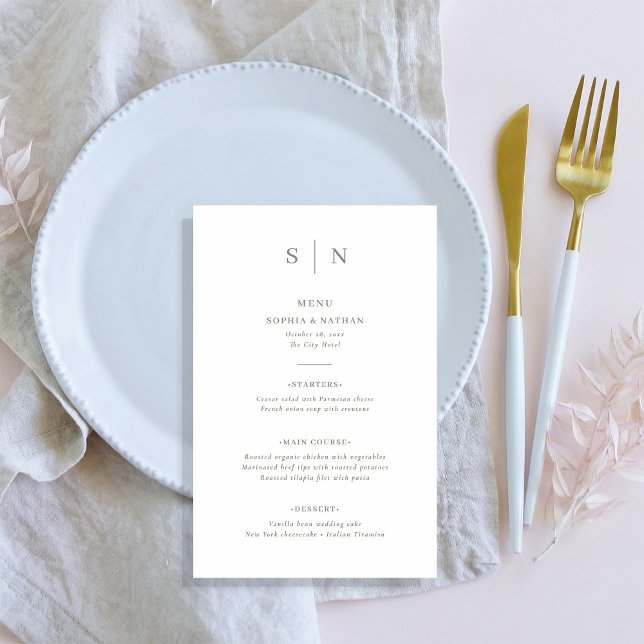 Minimal and Chic White and Sage Green Wedding Menu (A simple, elegant wedding menu in white and sage green with your monogram)