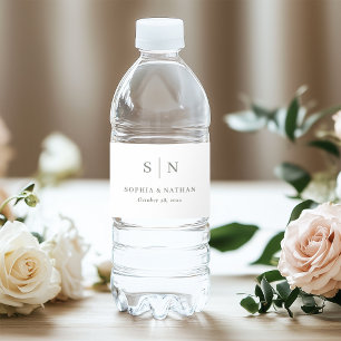 Minimal and Chic White and Sage   Monogram Wedding Water Bottle Label