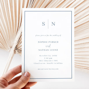 Minimal and Chic White with Dusty Blue Wedding Invitation