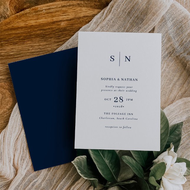 Minimal and Chic | White with Navy Blue Wedding Invitation (Creator Uploaded)