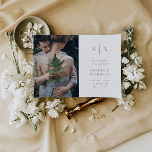 Minimal and Chic White with Sage Photo Wedding Invitation