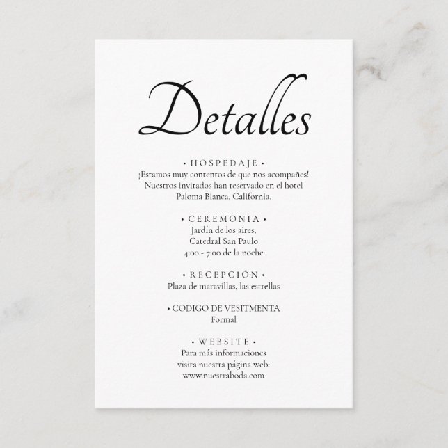 Minimal and Modern Spanish Language Boda Detalles Enclosure Card (Front)