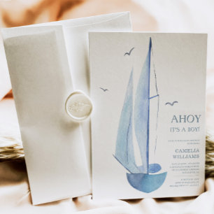Minimal Aquarelle Sailboat Baby Shower Ahoy Boy's Invitation