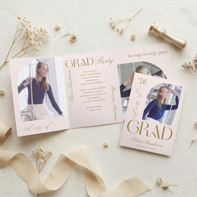 Minimal Arch Grad Photo Collage Graduation Party Tri-Fold Invitation (Minimal Arch Grad Photo Collage Graduation Party Tri-Fold Invitation)
