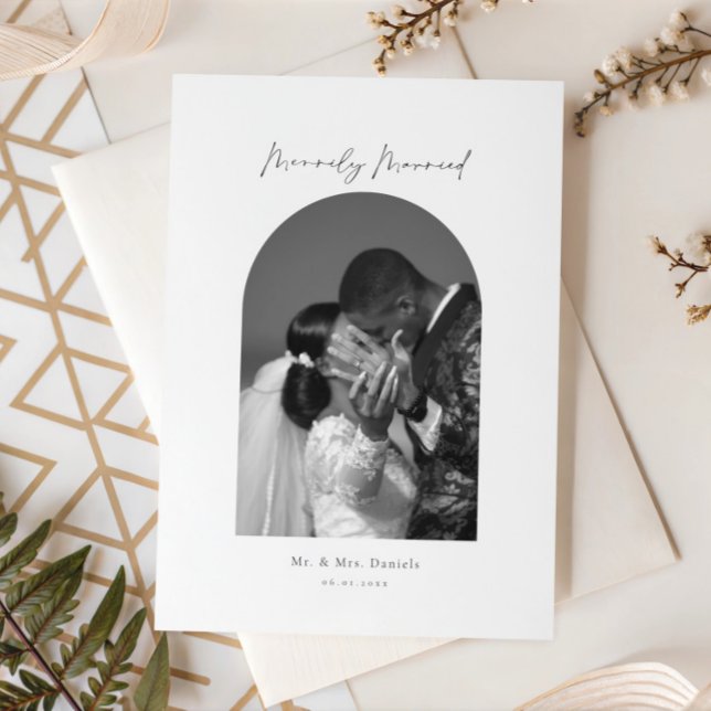 Minimal Arch Photo Black and White Merrily Married Holiday Card (Creator Uploaded)