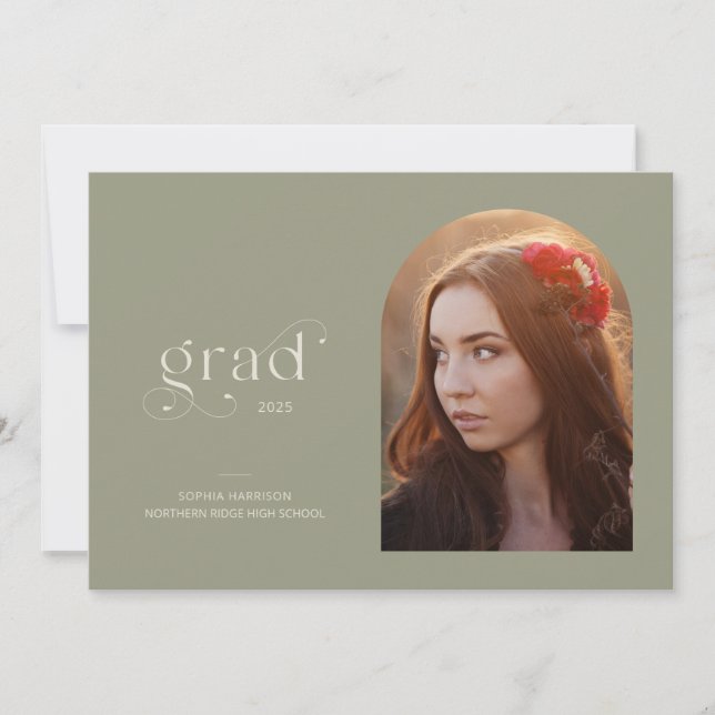 Minimal Arch Sage Green Photo Graduation Party Invitation (Front)