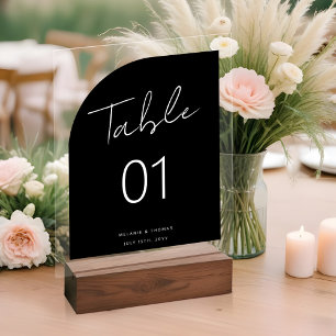 Minimal Arch Shape Brush Script Black Table Number Acrylic Sign