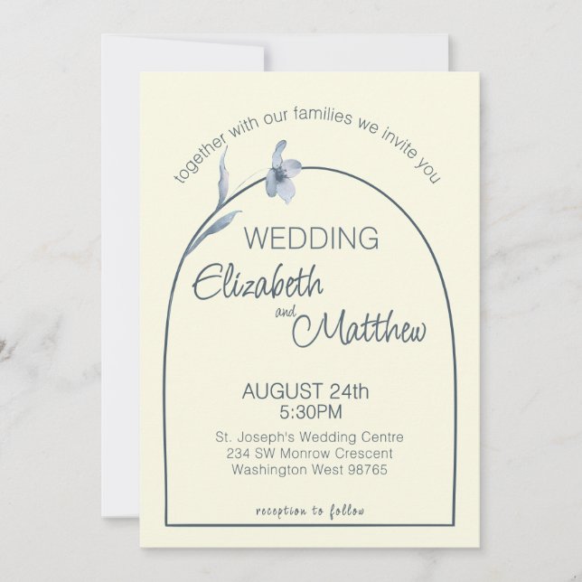 Minimal Arched Pale Blue Floral Cream Wedding Invitation (Front)