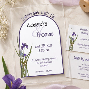 Minimal Arched Purple Iris Watercolor Art Wedding Acrylic Invitations