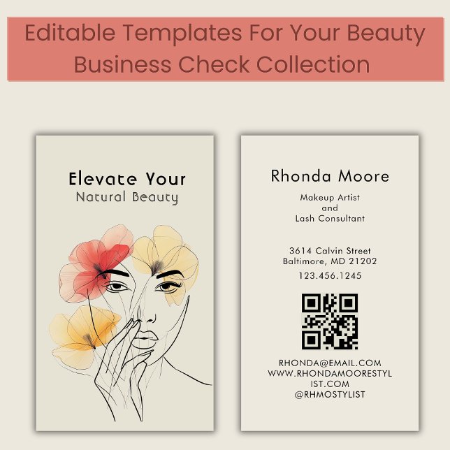Minimal Art Line Face Flowers Beauty Logo QR  Business Card (Creator Uploaded)