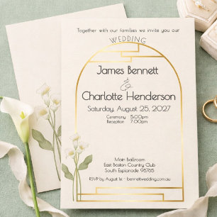 Minimal Art Nouveau Gold Arch Calla Lily Wedding Invitation