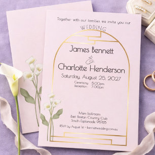 Minimal Art Nouveau Gold Arch lily Blush Wedding Invitation