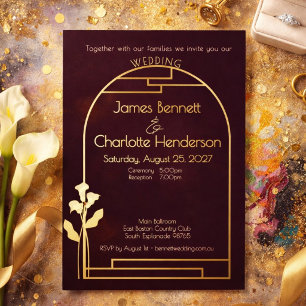 Minimal Art Nouveau Gold Arch Lily Plum Wedding 