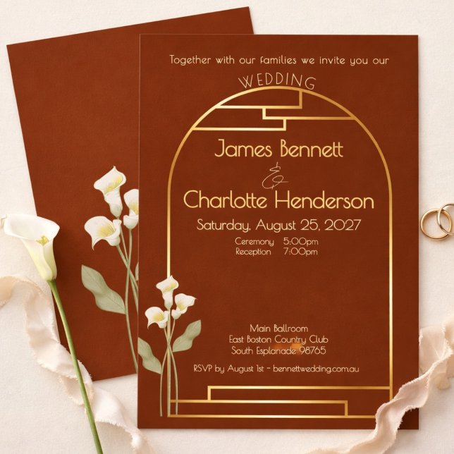 Minimal Art Nouveau Gold Arch Lily Rust Wedding Invitation (Creator Uploaded)
