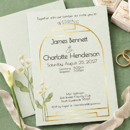 Minimal Art Nouveau Gold Arch Lily Sage Wedding Invitation