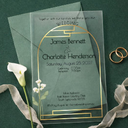 Minimal Art Nouveau Gold Arch Lily Wedding Green Acrylic Invitations