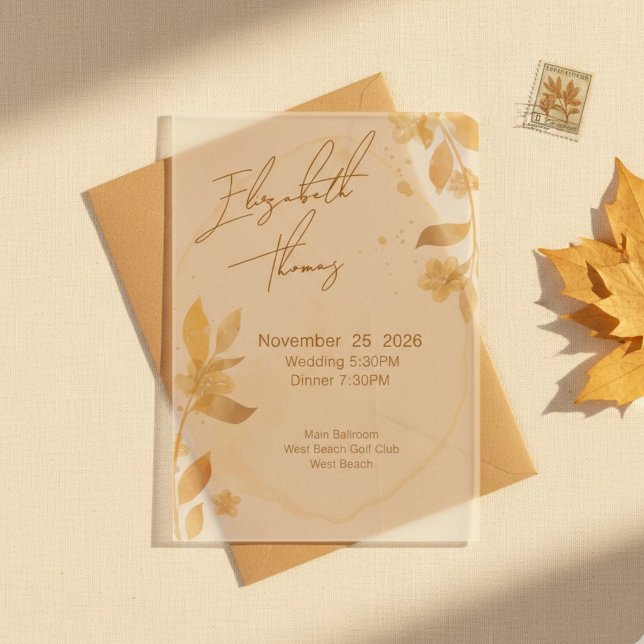 Minimal Autumn Golden Botanical Script Wedding Acrylic Invitations (Creator Uploaded)