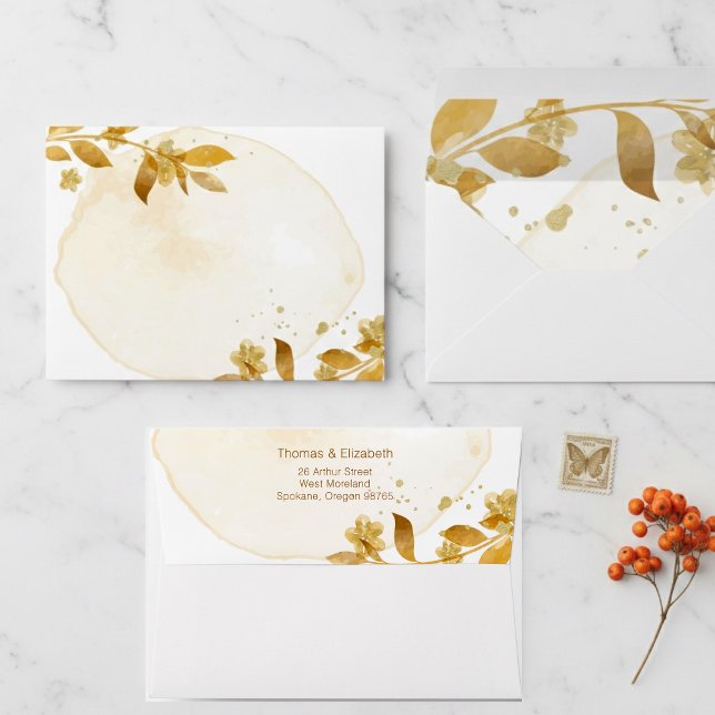 Minimal Autumn Golden Botanical Script Wedding Envelope (Creator Uploaded)