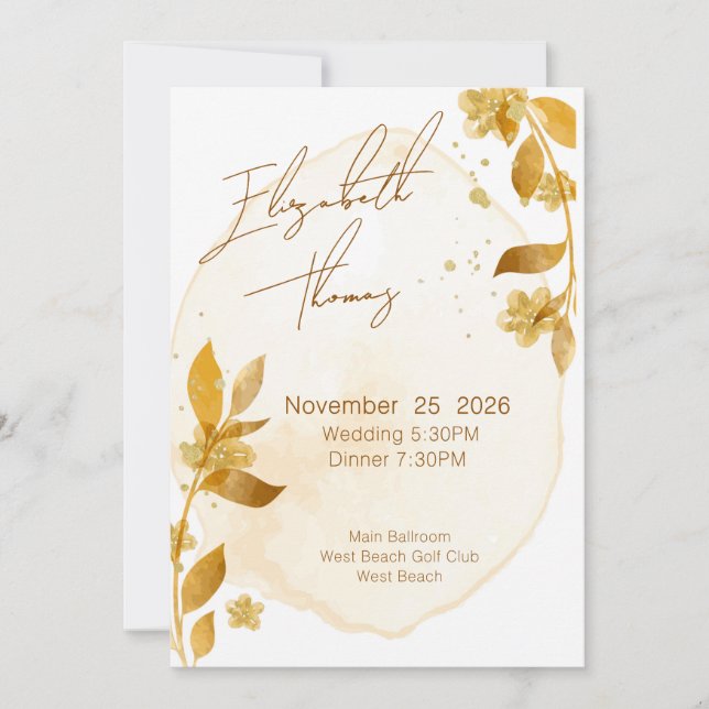 Minimal Autumn Golden Botanical Script Wedding Invitation (Front)