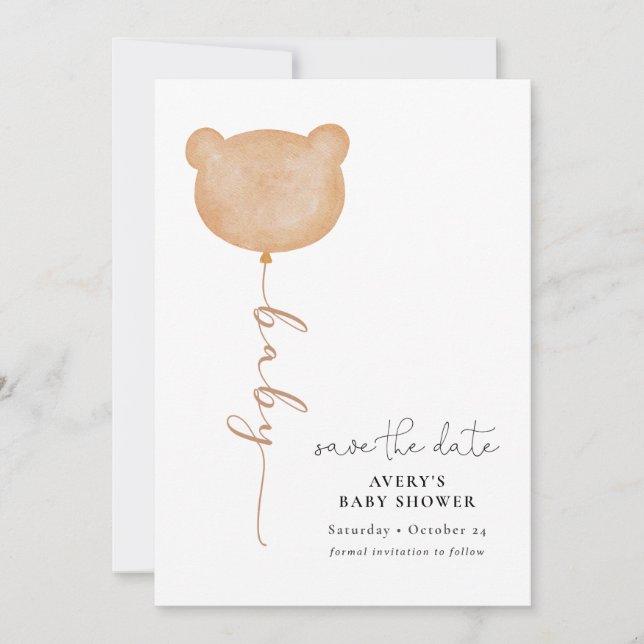 Minimal Baby Bear Balloon Save the Date Invitation (Front)