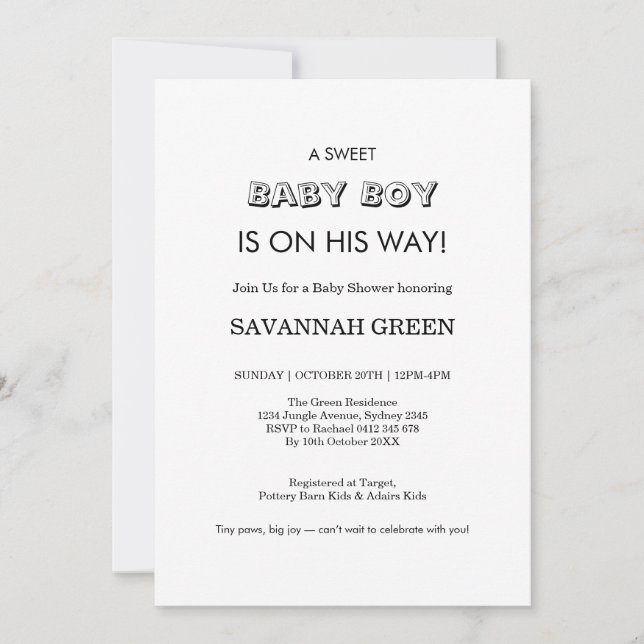 Minimal Baby Boy Shower Typography Design Invitation (Front)