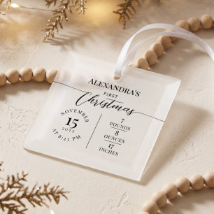 Minimal Baby First Christmas Birth Stats Keepsake Glass Tree Decoration